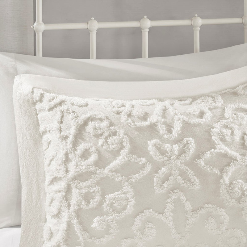 Ensemble de couvre-lit 3 pièces en chenille de coton capitonné blanc cassé, Blanc cassé