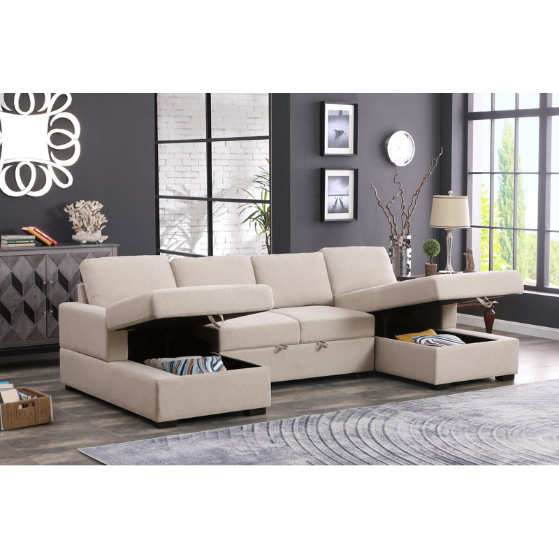 Upholstered U-Shaped Sectional Symmetrical, Beige Linen Blend