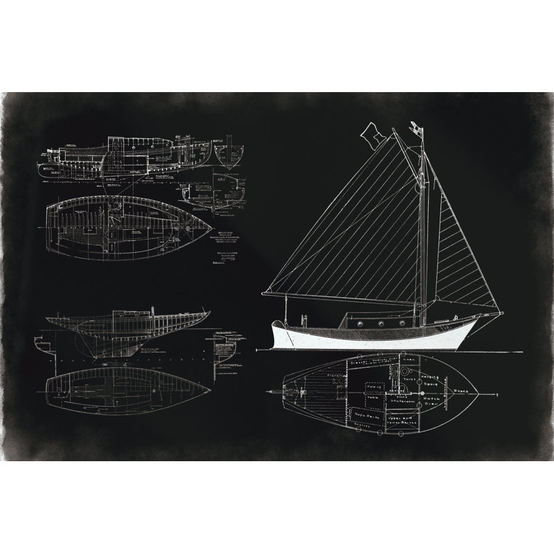 Boat Blueprint Black - Wrapped Canvas Print, 30cm H x 46cm W x 3.8cm D
