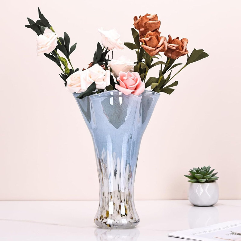 Vase en verre soufflé à la main bleu et blanc, vase à fleur large de 9 pouces