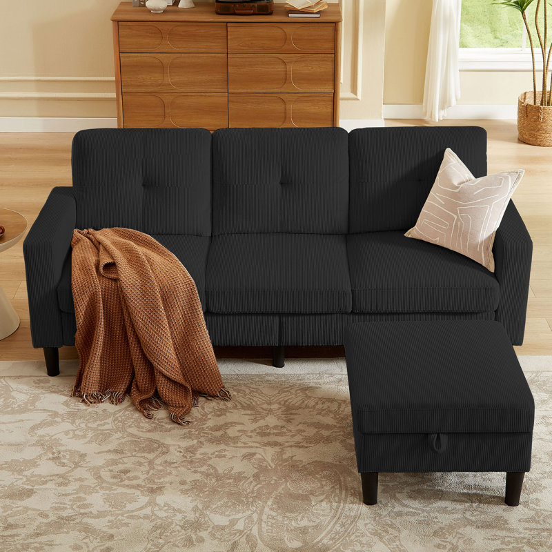 Corduroy Sectional Sofa with Storage Ottoman and Side Storage Pockets, 35.04" H x 79.14" W x 25.99" D, Black Corduroy