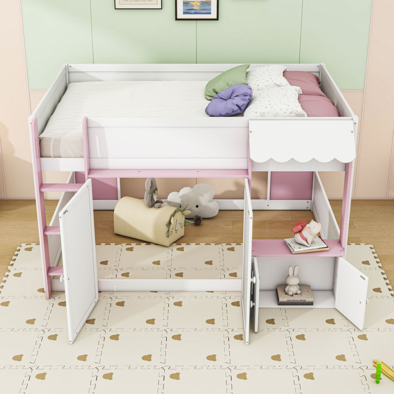 Lit mezzanine avec armoires de rangement, Rose blanc