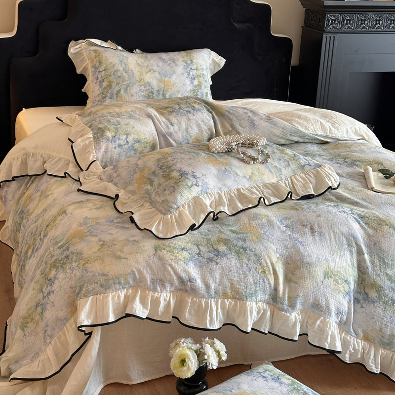 Floral Double-Layer Crinkle Cotton Duvet Cover Set, King Duvet Cover + 2 Pillowcases, Light Green