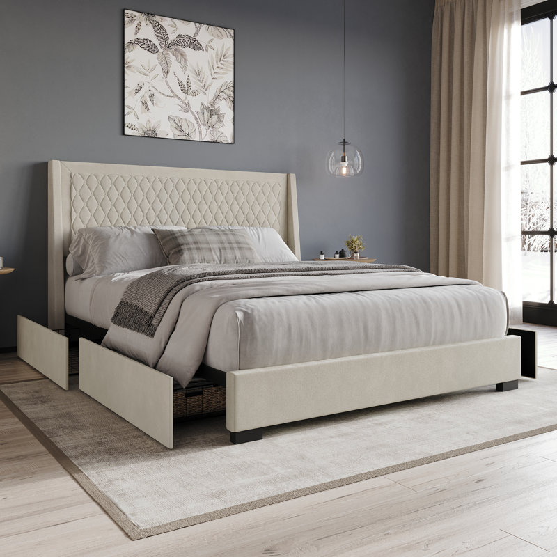Full Platform Bed with Storage Grey Velvet, Beige, Full