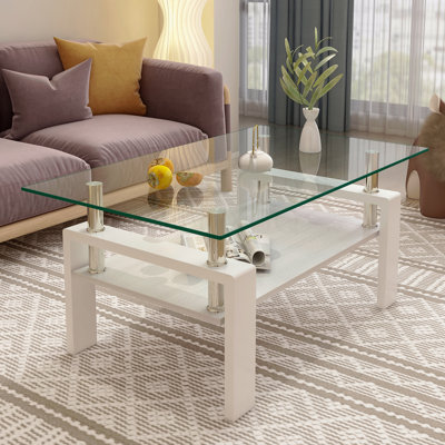 Rectangle Glass Coffee Table Living Room Tempered Tabletop With Mdf Layer Modern Table Transparent Glass