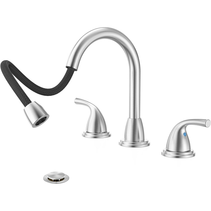 Pull Down Sprayer 8 Inch 3 Hole Bathroom Sink Faucet, 2 Handles Widespread Pull Out Bathroom Faucet, With Pop Up Drain And Water Supply Line