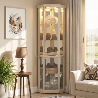 Corner Curio Cabinet, 70" H Lighted Glass Display Cage with Tempered Glass Doors & 3 Adjustable Shelves, Light Bulb Inclued, Wine Bar China Cabinet for Living Room, Kitchen