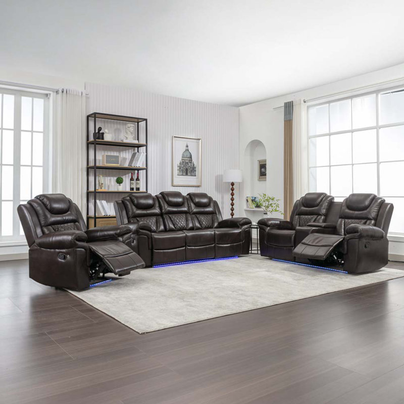 Medardus 3 Pieces Recliner Sofa Sets Manual Recliner Chair with Center Console and LED Light Strip, Brown Faux Leather