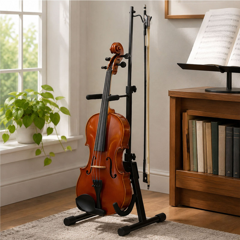 Support réglable pour violon et alto, support pour instruments pliable en acier avec étrier rembourré et support à arc