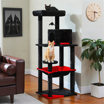 Cat Tree With Super Large Hammock, 56.3" Black Cat Tower With Coffin Bed, Cat Condo, Sisal Scratching Posts & Top Perch, Multi-Level Goth Cat Tree