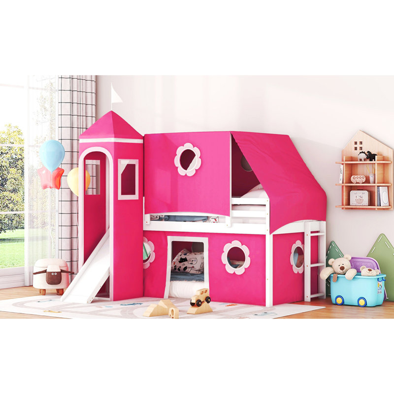 Lit simple mezzanine rose avec toboggan et tour - Bois massif, trois méthodes d'installation, pin de style Playhouse sur le thème du coin, pour rafraîchir la nuit