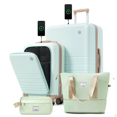 4-Piece Luggage Set with USB Charging Ports - 20in Carry-On (Front-Opening for Laptop) 28in Checked Suitcase with TSA Lock Travel Duffel Bag Wet-Dry Toiletry Bag, grey green