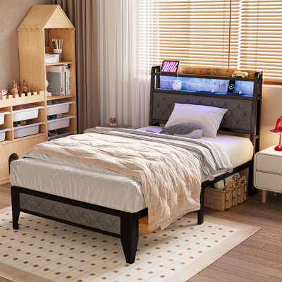 Base de lit Nevio avec tête de lit et station de charge, base de lit plateforme en métal avec lumières RVB