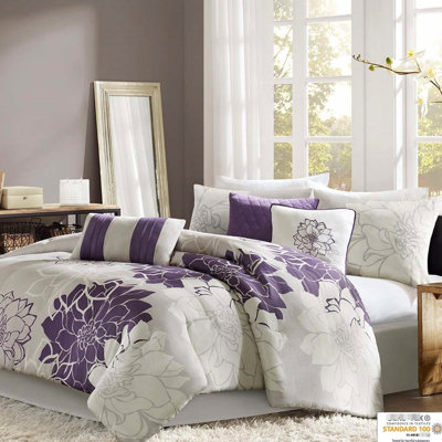 Très grand édredon en coton gris / mauve taupe, avec bourre, jupe de lit et 3 oreillers brodés, literie très grand, gris / mauve, comprend un édredon, des taies décoratives,