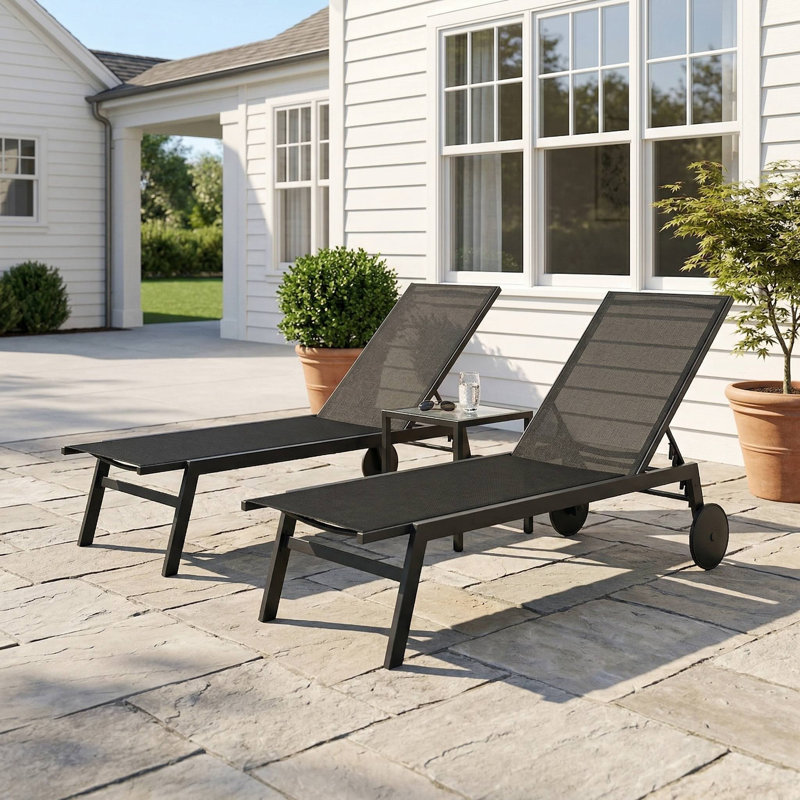 All-Weather Patio Chaise Lounge Chair, Built-In Convenient Moving Wheels & 6-Level Adjustable Backrest, Breathable Fade-Resistant Fabric Suitable For Poolside, Backyard