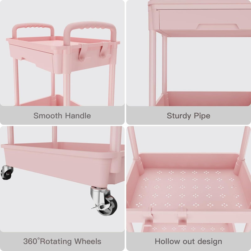 3 Tier Rolling Utility Cart with Drawer,Utility Cart Made of Multifunctional Storage Organizer Tool, Pink