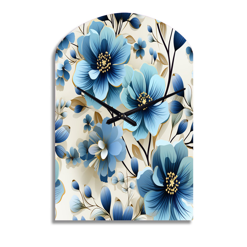 Blue Coastal Elegance Motif floral - horloge murale asymétrique florale en métal, Moyenne