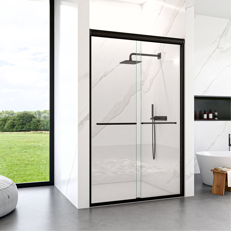 44"-48"W*72" H Semi-Frameless Double Sliding Shower Door, Bypass Shower Door, 1/4" (6Mm) Thick SGCC Tempered Glass Door, Matte Black