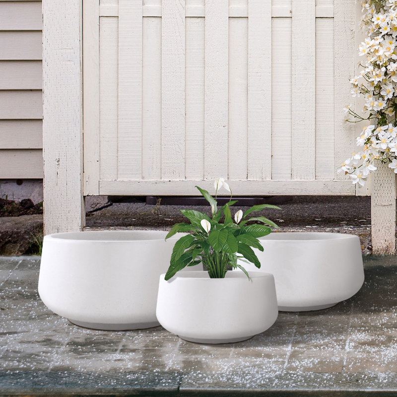Wurster 3 Piece 21.6", 16.9", and 12.5"W Round Concrete Elegant Planters, Outdoor Indoor Modern Planter Pots, Lightweight, Weather Resistant, Seamless with Drainage Hole Set
