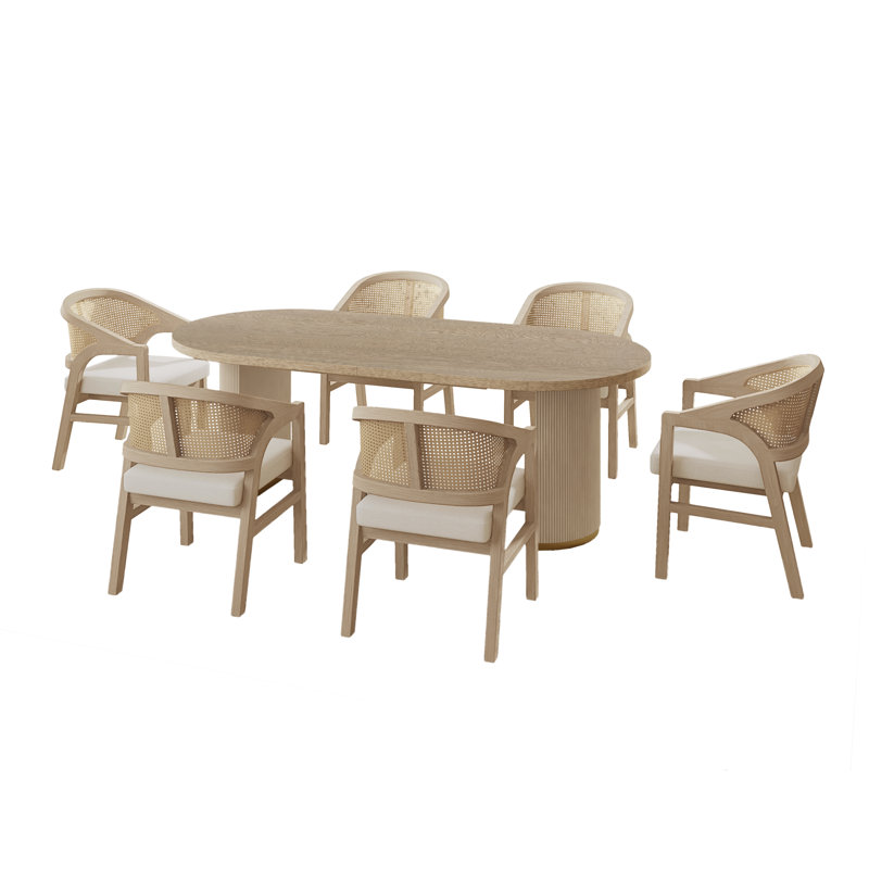 Solenne Mid-Century Modern Dining Set With Cane Back Rubberwood Chairs And Fluted MDF Veneer Pedestal Table, Light Ash