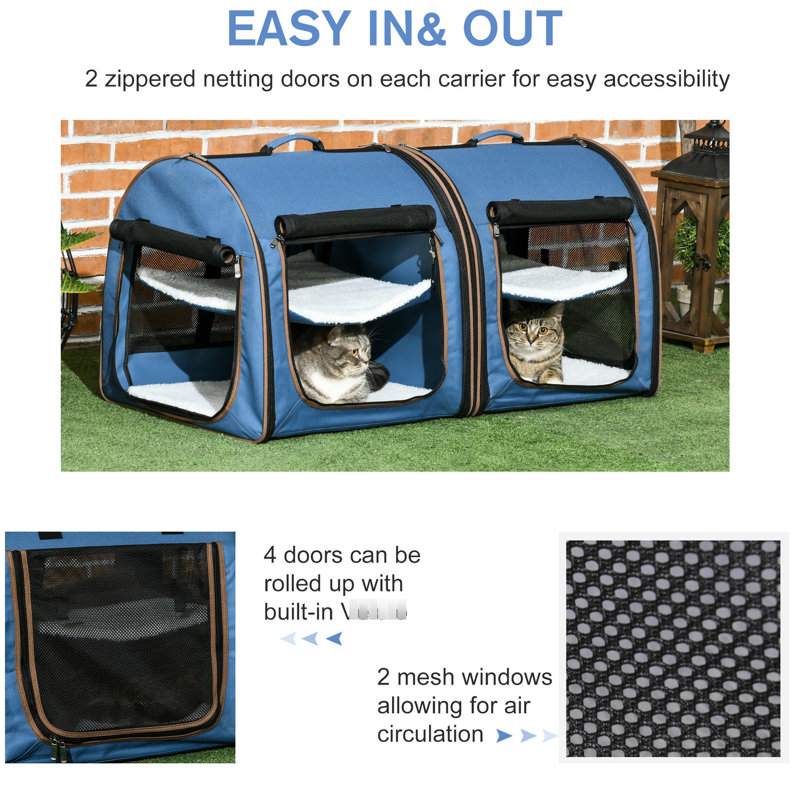 Sac de transport pour animaux 39 po, bleu, bleu et à coussin souple. Matériau en tissu et filet. Respirant durable. Pour plus de confort. Pliable avec rangement. 2 portes à moustiquaire à fermeture à glissière faciles d'accès. Maille
