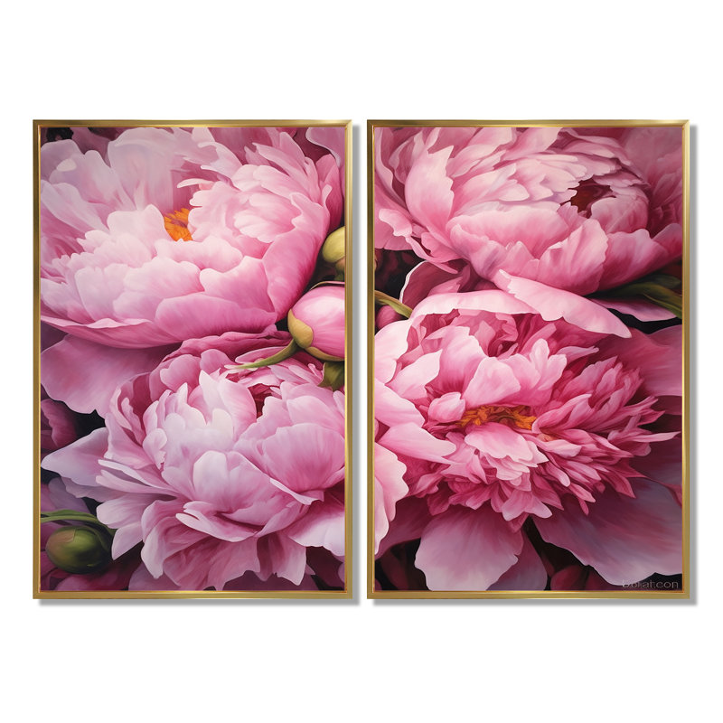 Pivoine rose verte captivante II - impressions sur toile traditionnelles roses, 36" H x 48" W, Gold