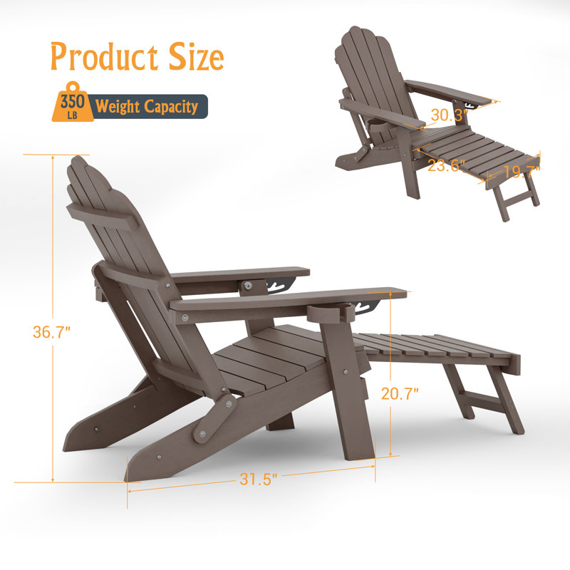 Set of 2 Folding Adirondack Chairs, All-Weather HIPS Plastic Adjustable Patio Chair with Ottoman, Outdoor Fire Pit Chair for Deck Backyard Lawn Garden