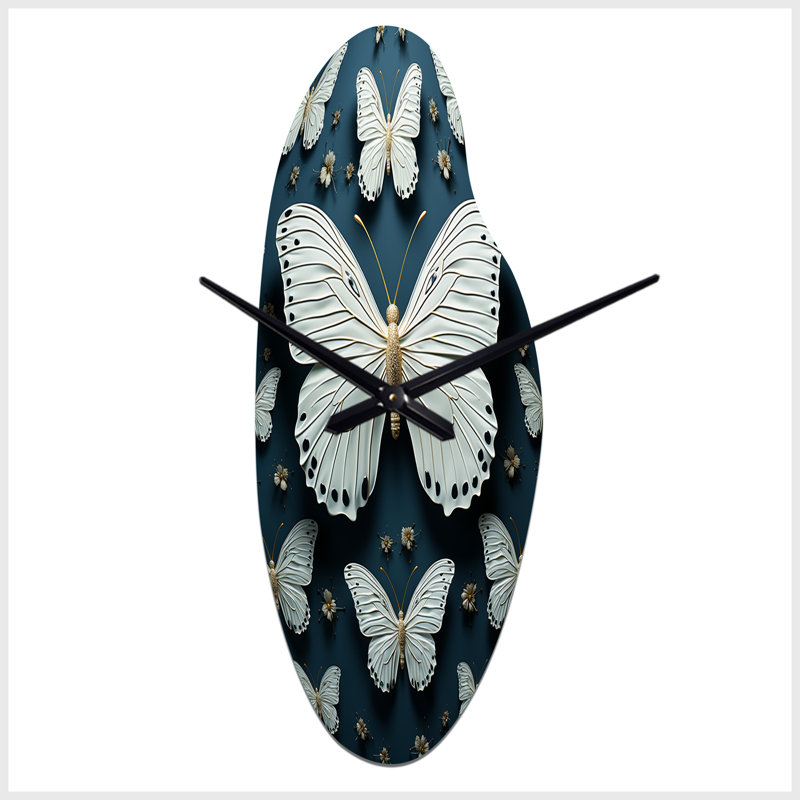 Papillon blanc avec ailes flottantes et papillons blancs - grande forme d'horloge murale blanche - forme unique, Moyenne
