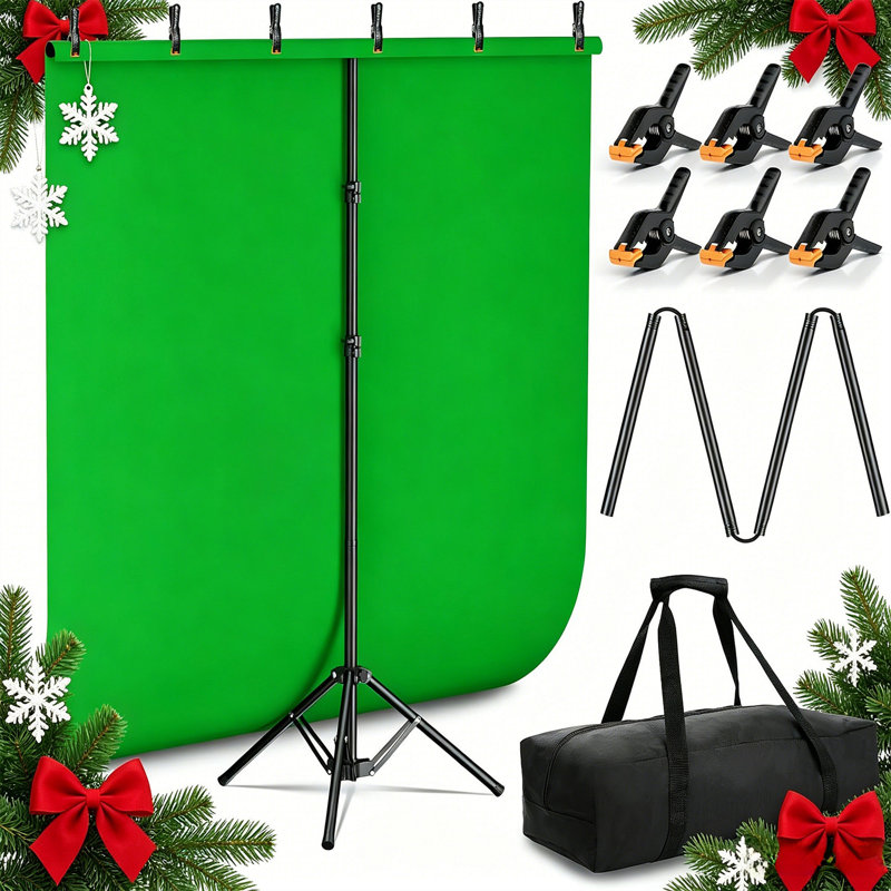 Toile de fond écran vert 5 x 6,5 pi, support en T robuste avec conception pliante inversée, 6 pinces, sac de transport, pour studio photo, diffusion en direct, arrière-plan virtuel, prise de vue vidéo