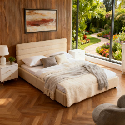 Base de lit confortable à grand coussin | Style rembourré beige avec tête de lit, structure solide et solide - parfait pour la chambre à coucher (l 85 po x P 66 po x H 36 po)