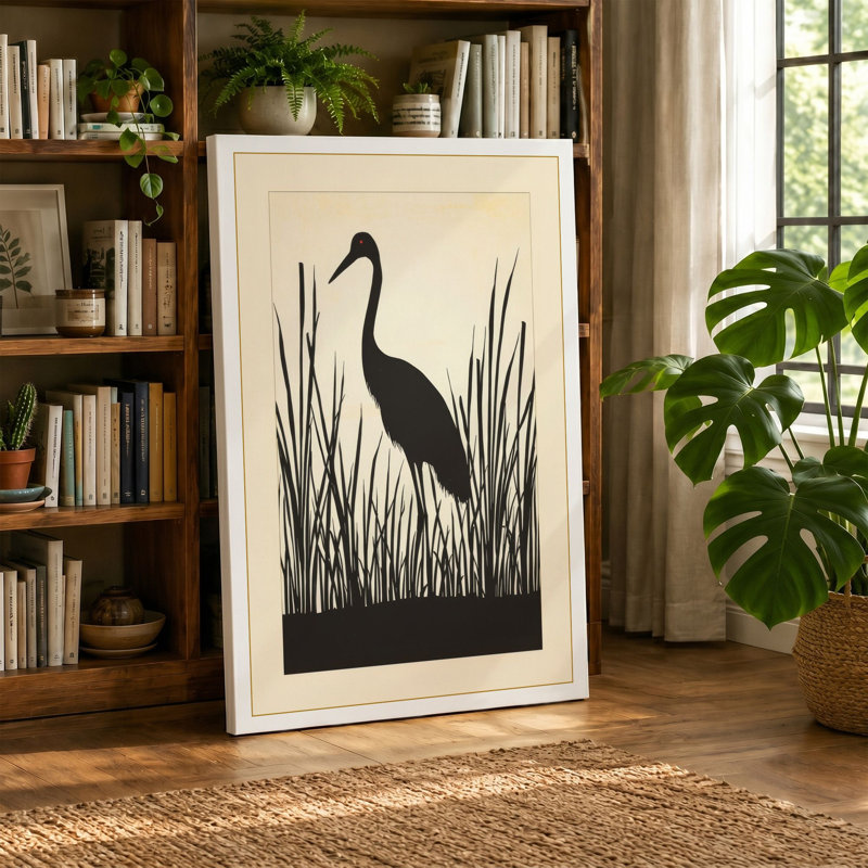 Wading Bird in Reeds Japandi - Wrapped Canvas, 36x24 - 91.4 x 61.0 cm, Sage Border