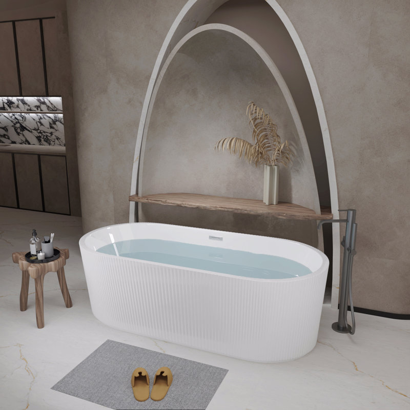Baignoire autoportante autoportante 59 po en acrylique blanc brillant, bonde escamotable chromée 59 po