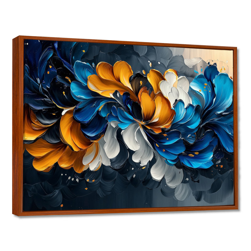 Bleu, orange, délicats pétales de fleurs en mouvement - fleurs, art mural, H 30 po x l 40 po, Cadre flottant, Brun