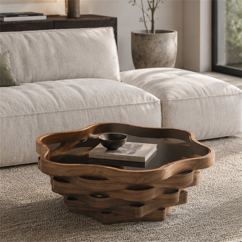 Table basse en forme de nuage avec plateau en verre trempé