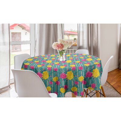 Ambesonne Flower Round Tablecloth, Retro Repetitive Pattern With Pink And Yellow Tone Roses On Striped Backdrop, Circle Table Cloth Cover For Dining R -  East Urban Home, 930B314923544C64BEF7BCB74FE84C16