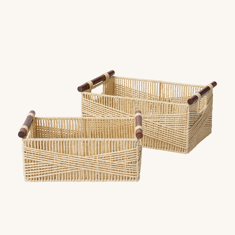 Paper Rope Basket with Wooden Handles, Beige