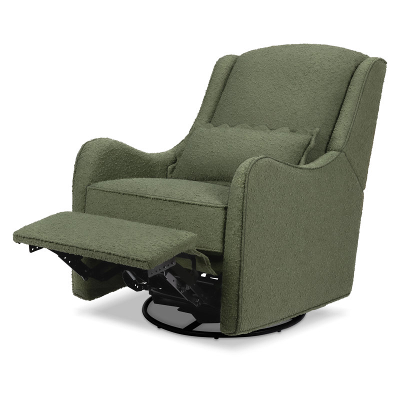 Olive Boucle Swivel Recliner with Wood Base