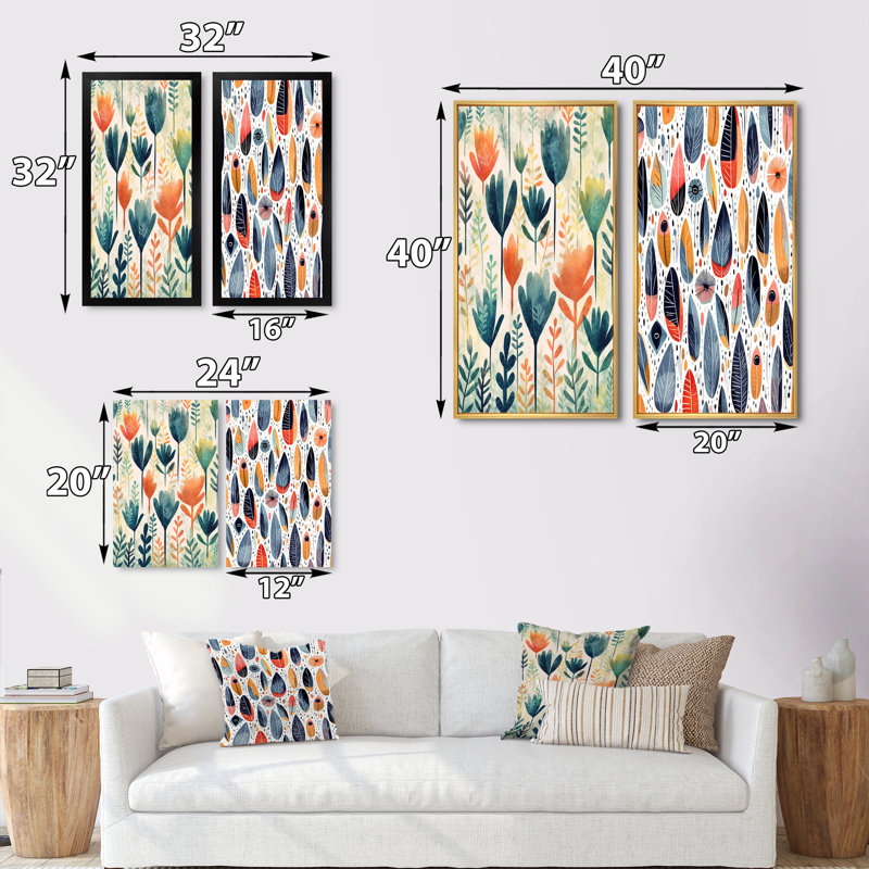 «Teal Coral Scandinave Floral Motif», 2 pièces, Cadre noir, H 32 po x l 32 po