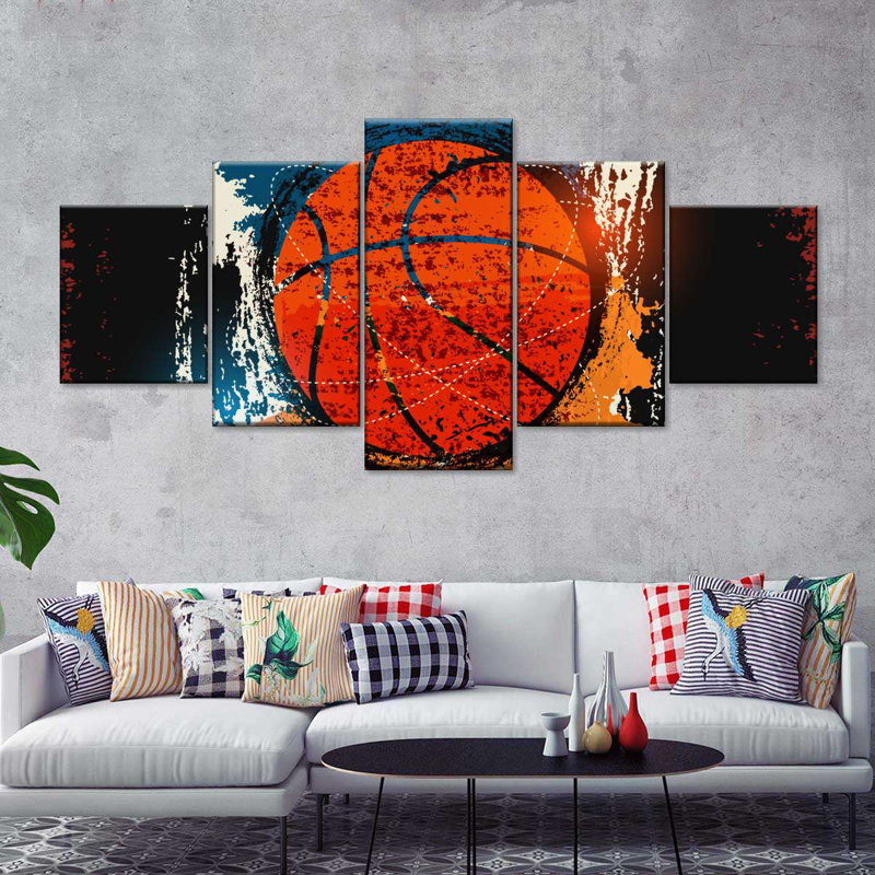 Basketball grunge sur toile, 5 pièces, H 30 po x l 68 po x P 1,25 po