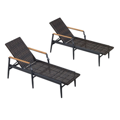 Outdoor Chaise Lounge Chair Set Of 2 Aluminum Frame Wicker Weave Chairs With Wooden Armrests