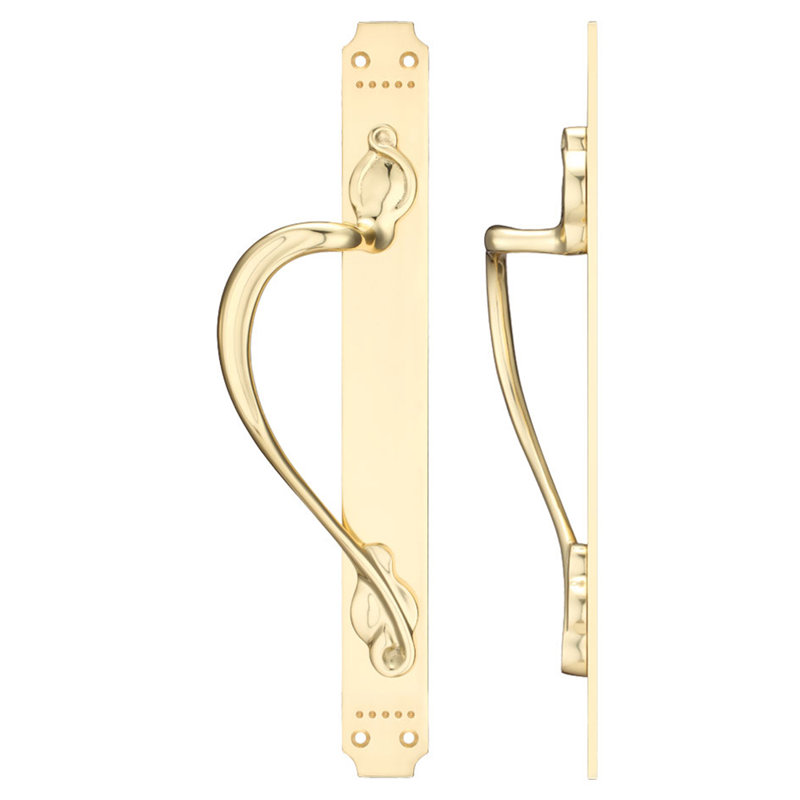 Cast Brass Pull Handle with Art Nouveau Backplate, Polished Brass