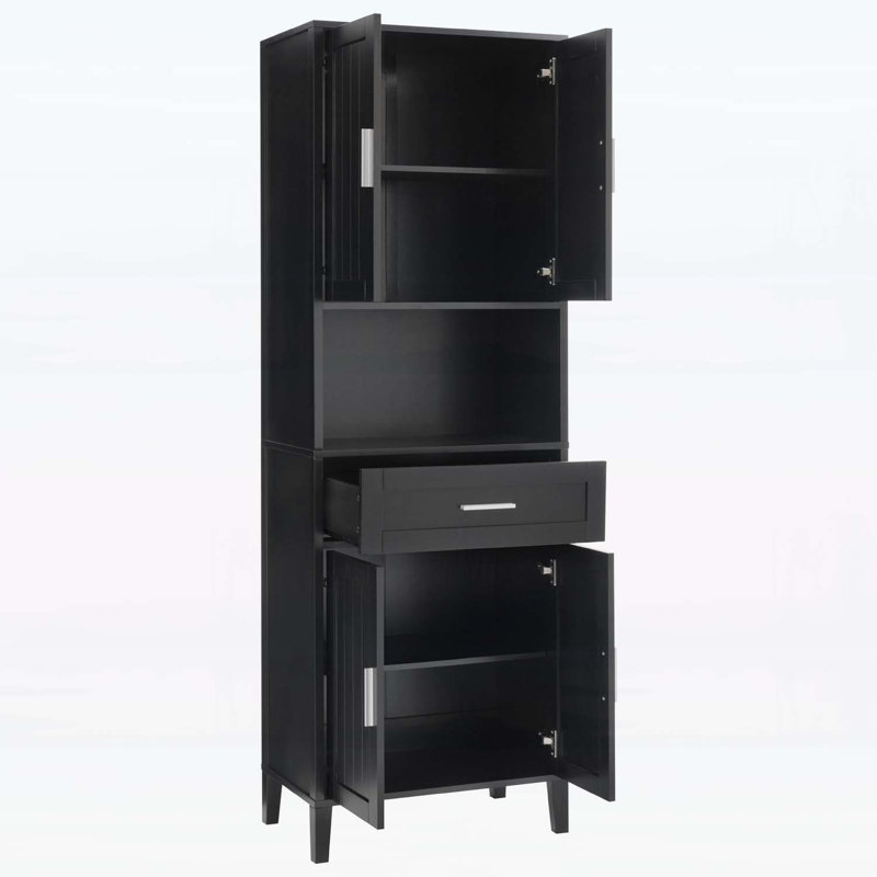 Armoire de salle de bain moderne avec tiroir, portes à fermeture en douceur et rangement ouvert, rangement polyvalent, Noir
