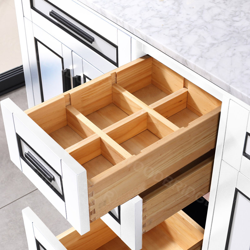 61" White and Black Trim Solid Wood Double Vanity with Carrara Marble Top