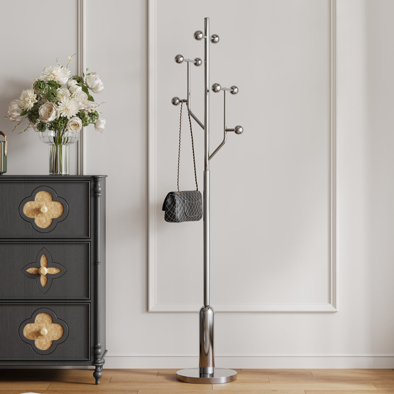 8-Hook Freestanding Coat Rack With Stainless Steel Marble Base, Silver