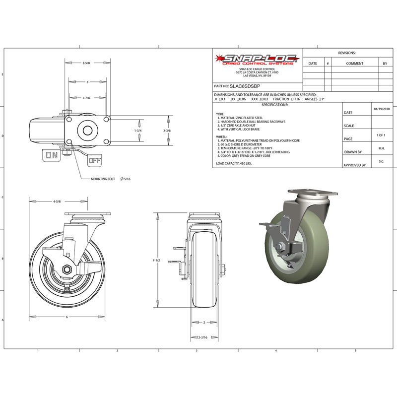 Snap-Loc 450 lb Caster 6 Inch Super-Duty Polyurethane Swivel-Brake