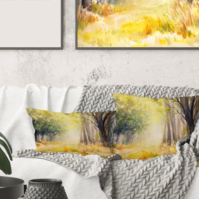 Carré, soleil éclatant à travers les arbres de la forêt IV - Coussin décoratif imprimé traditionnel