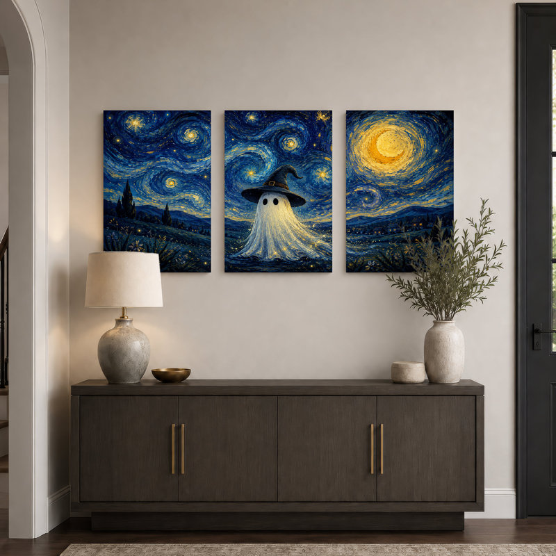 «White Ghost in Black Witch Hat Under Halloween», ensemble de 3 toiles murales, 36"H x 24"W x 3pcs