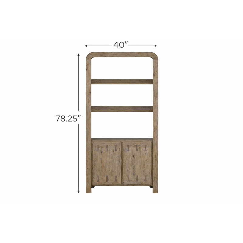 Bibliothèque Bowtie en chêne noueux anglais, charnières à fermeture en douceur, élégantes incrustations sur les portes de l'armoire, trois tablettes ouvertes pour la présentation, 41,19 po de profondeur, 14,57 de largeur, 76,04 de hauteur, 127,48 lb de chêne