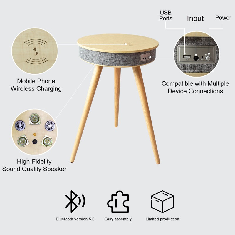 Joelina End Table with Wireless Charging and Bluetooth Speaker, Light Yellow Wood Top/Beige Base