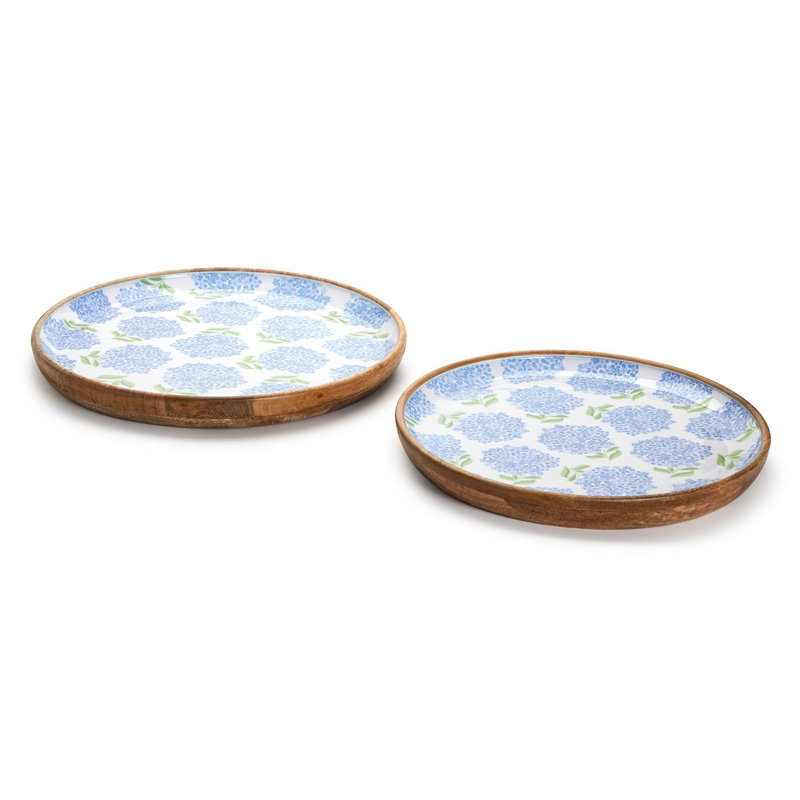 Hydrangea Set Of 2 Hand-Crafted Wood Round Tray